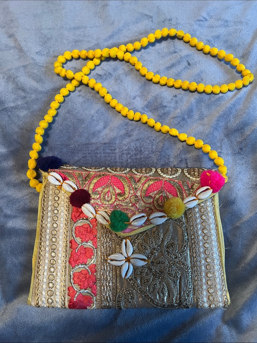 Embroidered Multicolor Boho Crossbody Bag with Yellow Pom Strap